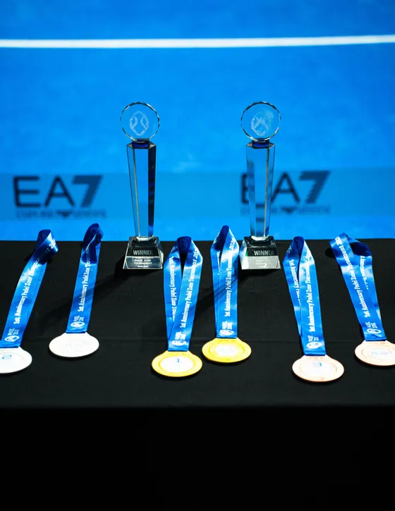 Trophies and medals lined up before the Padel Fest tournament